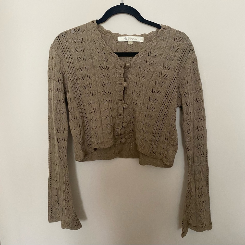vintage taupe pointelle knit cardigan